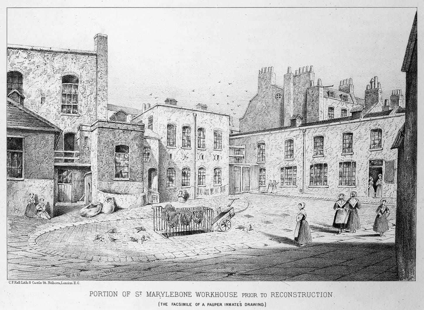 Part of St. Marylebone Workhouse prior to reconstruction. From a drawing by a pauper inmate in 1866, initials W.A.D., published 1881.