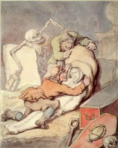 Two men placing the shrouded corpse which they have just disinterred into a sack while Death, as a nightwatchman holding a lantern, grabs one of the grave-robbers from behind. Coloured drawing by T. Rowlandson, 1775.