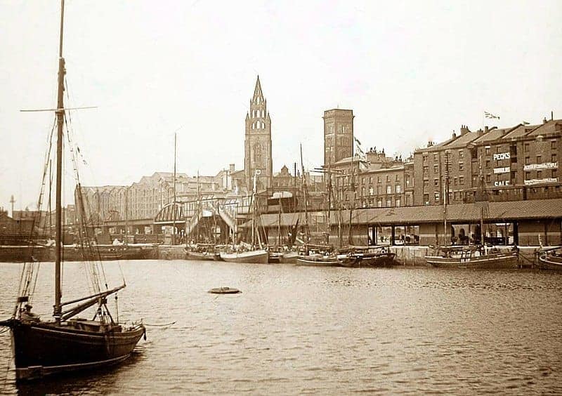 Postcard view north over George’s Dock, 1897 The Liverpool Overhead Railway runs across the centre of the image, with St Nicholas church to the rea